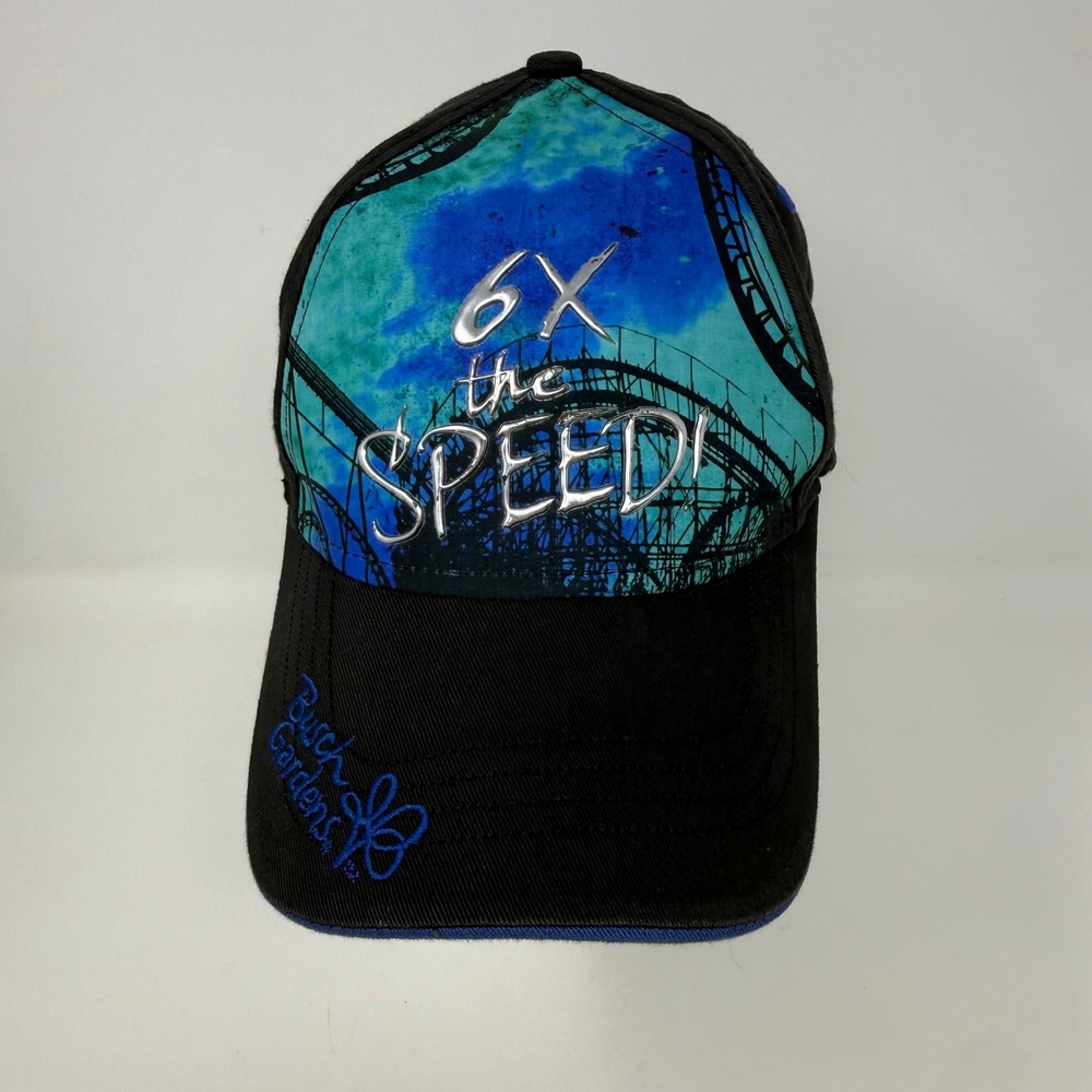 Busch Gardens 6X The Speed Roller Coaster Baseball Cap Hat Black Blue Adjustable